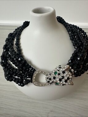 Multi-Strand Black Beaded Necklace with Crystal Leopard Clasp